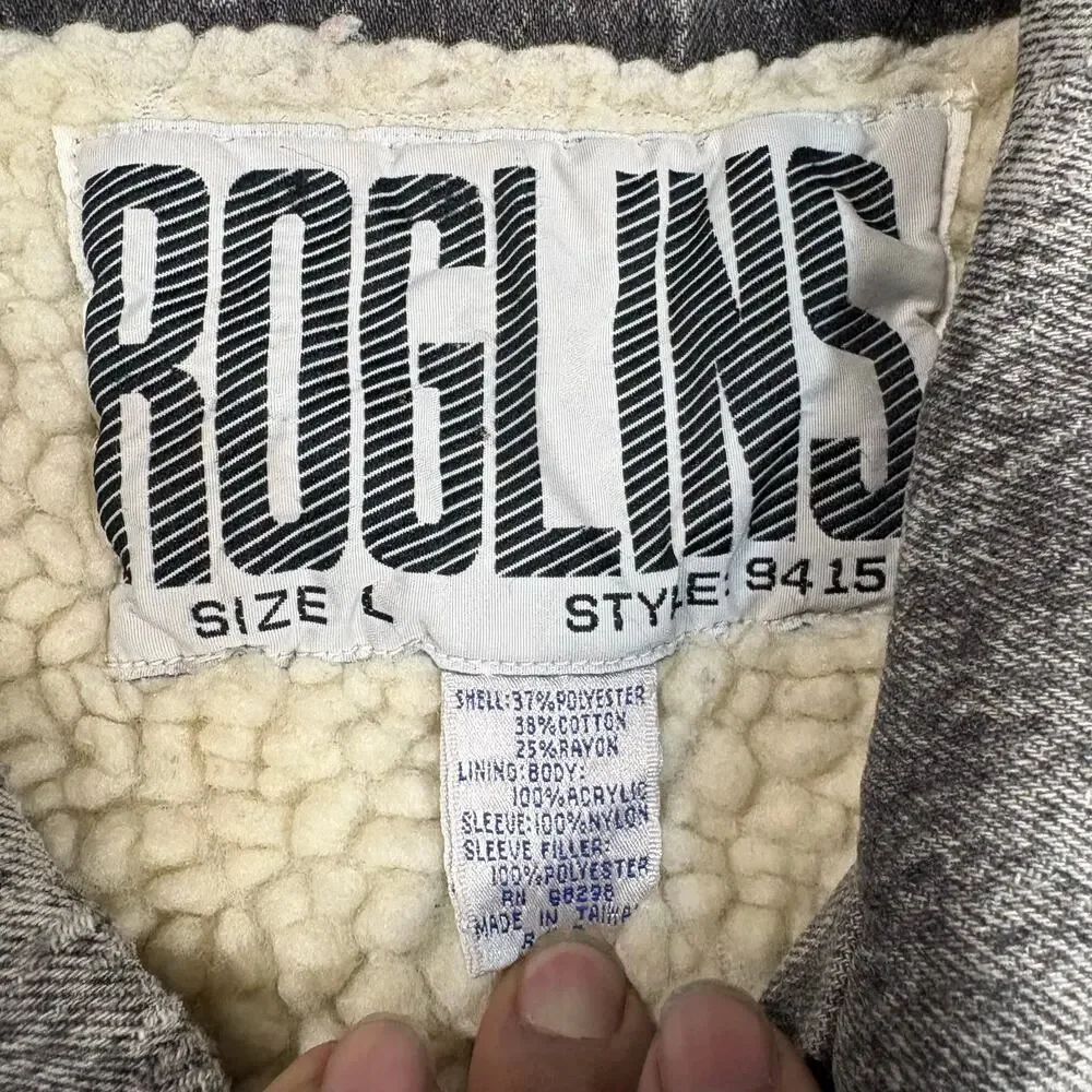 VTG Roglins Sherpa Lined‎ Acid Wash Denim Bomber Jacket Men’s Size L